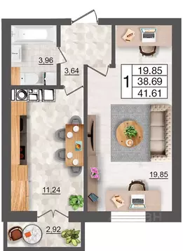 1-к кв. Смоленская область, Смоленск Максимум жилой комплекс (41.61 м)