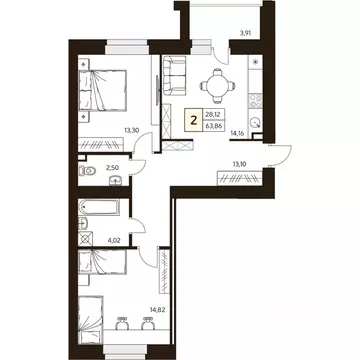 2-к кв. Башкортостан, Уфа ул. Ахметова, 296/2 (63.86 м)