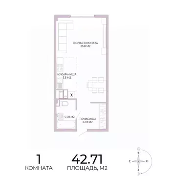 1-к кв. Пензенская область, Пенза Побочинская ул., с17 (42.71 м)