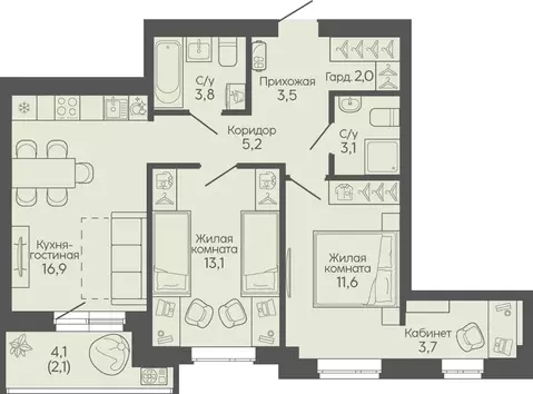 2-к кв. Волгоградская область, Волгоград Трехгорная ул., 27 (65.0 м)