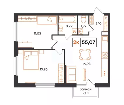 2-к кв. Тюменская область, Тюмень Полевая ул., 117к13 (55.07 м)