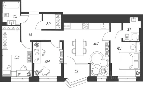 3-к кв. Тульская область, Тула ул. Михеева, 9А (81.0 м)
