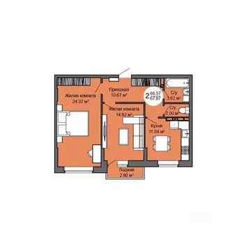 2-к кв. Орловская область, Орел Межквартальная ул., 3 (68.1 м)
