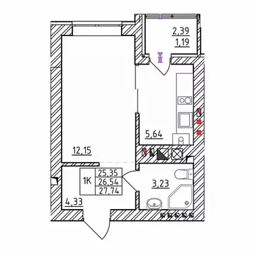 1-к кв. Калининградская область, Зеленоградск  (27.74 м)