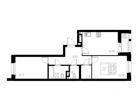 2-к кв. Татарстан, Казань Статный жилой комплекс, 1 (56.43 м)