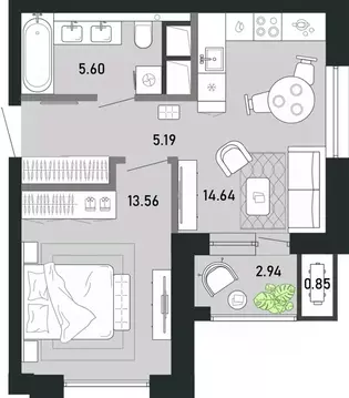 1-к кв. Тульская область, Тула Премьер Парк жилой комплекс (42.78 м)
