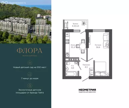 1-комнатная квартира: Сочи, улица Искры, 66/9к3 (37.1 м)