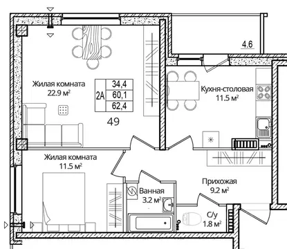 2-к кв. Псковская область, Псковский район, Завеличенская волость, д. ...