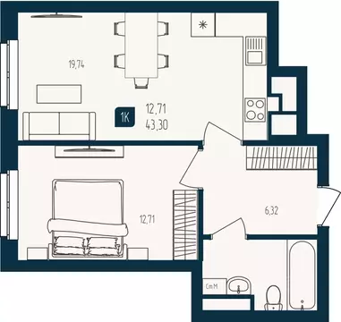 1-к кв. Тюменская область, Тюмень  (43.3 м)