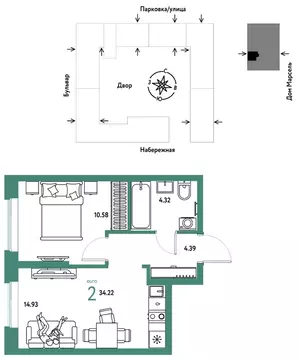 2-к кв. Тюменская область, Тюмень Береговая ул., 100к2 (34.22 м)