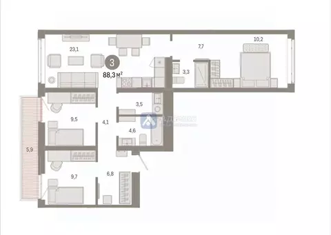 3-к кв. Тюменская область, Тюмень ул. Республики, 205к3 (88.32 м)