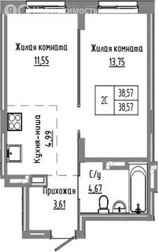2-комнатная квартира: Краснообск, жилой комплекс Базилик (38.57 м)