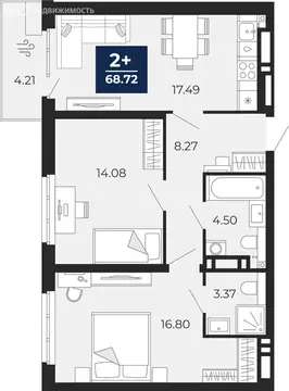 2-комнатная квартира: Тюмень, Заполярная улица, 12 (65.77 м)