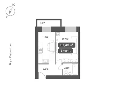 1-к кв. Красноярский край, Красноярск ул. Петра Подзолкова (37.48 м)