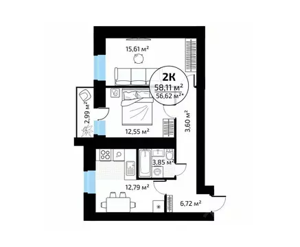 2-к кв. Самарская область, Самара пос. Мехзавод, 1-й кв-л, 50 (58.11 ...