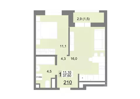 1-к кв. Свердловская область, Екатеринбург ул. Металлургов, 63/3 (37.6 ...