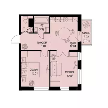 2-к кв. Ленинградская область, Мурино Всеволожский район,  (51.35 м)