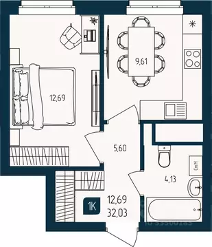 1-к кв. Тюменская область, Тюмень  (32.03 м)