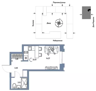 Студия Тюменская область, Тюмень Береговая ул., 100к2 (23.31 м)
