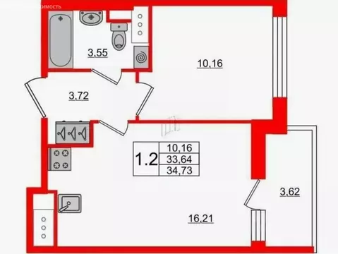 1-комнатная квартира: Санкт-Петербург, Арцеуловская аллея, 19 (32 м)