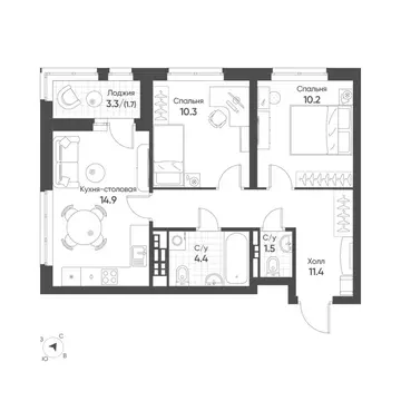 2-к кв. Свердловская область, Екатеринбург Солнечный жилрайон,  (54.4 ...