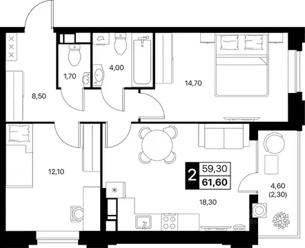 2-к кв. Ростовская область, Ростов-на-Дону Эстет жилой комплекс (61.6 ...