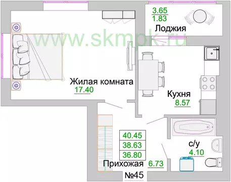1-к кв. Калининградская область, Зеленоградск  (39.2 м)