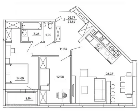2-к кв. Рязанская область, Рязань ул. Земнухова (74.87 м)