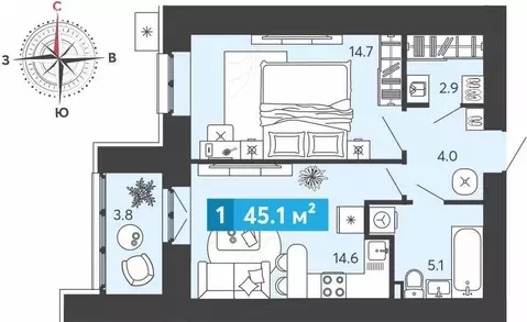 1-комнатная квартира: Засечное, Прибрежный бульвар, 5 (45.1 м)