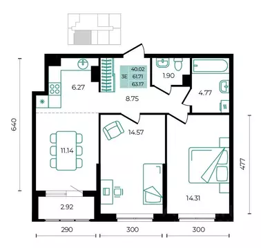 3-к кв. Адыгея, Майкопский район, пос. Тульский  (63.17 м)