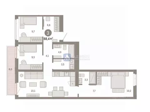 3-к кв. Тюменская область, Тюмень ул. Республики, 205к3 (88.44 м)