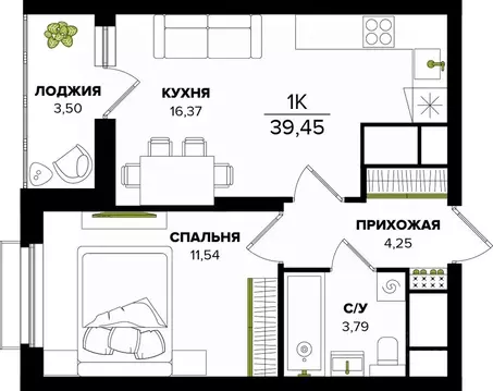 1-к кв. Тульская область, Тула  (39.45 м)