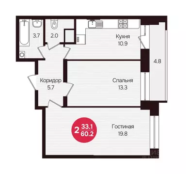 2-к кв. Чувашия, Новочебоксарск ул. 10-й Пятилетки, поз5 (60.2 м)