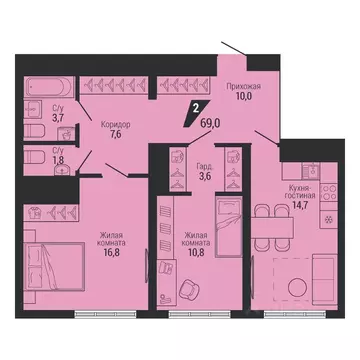 2-к кв. Свердловская область, Екатеринбург Вторчермет жилрайон,  (69.0 ...