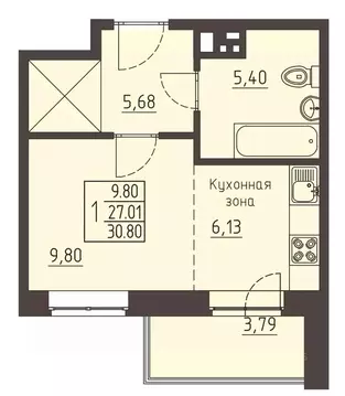 1-к кв. Иркутская область, Иркутск ул. Рылеева, 7 (30.8 м)