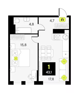 1-комнатная квартира: Тюмень, улица Ивана Чистякова, 3 (43.1 м)