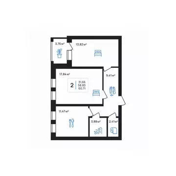 2-к кв. Липецкая область, Липецк Авторский жилрайон,  (60.71 м)