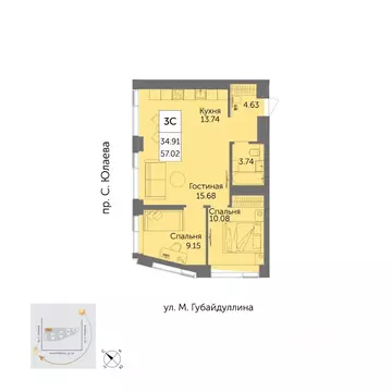 3-к кв. Башкортостан, Уфа ул. Художника Позднова, 13 (56.7 м)