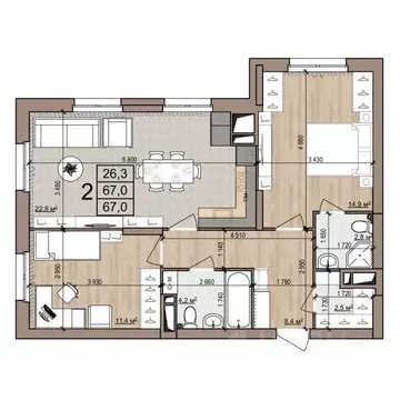 2-к кв. Рязанская область, Рязань ул. Новоселов, 33Б (67.0 м)