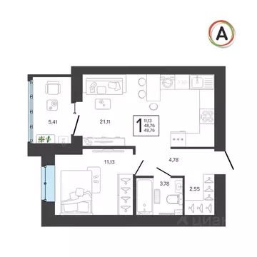 1-к кв. Брянская область, Брянск ул. Николая Амосова, 2 (48.76 м)
