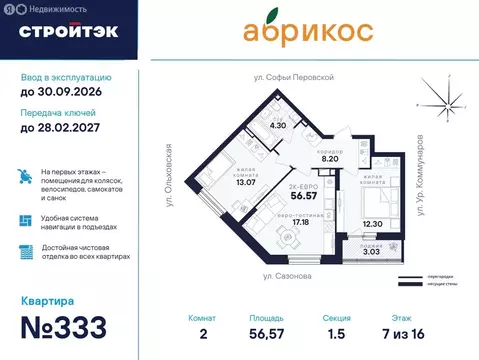 2-комнатная квартира: Екатеринбург, улица Софьи Перовской, 106А (56.57 ...