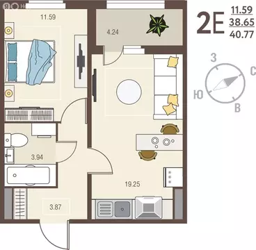 1-комнатная квартира: Курск, улица Энгельса, 115/5 (40.77 м)