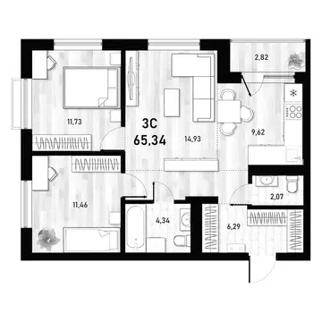 2-комнатная квартира: Новосибирск, Пермская улица, 12к2 (65.34 м)
