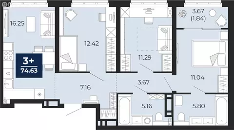 3-комнатная квартира: Тюмень, Камчатская улица, 107к1 (76.46 м)