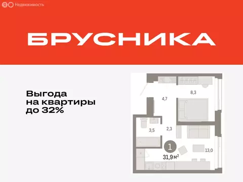 1-комнатная квартира: Тюмень, жилой комплекс Зарека (31.88 м)