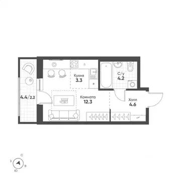 Студия Свердловская область, Екатеринбург Солнечный жилрайон,  (26.6 ...
