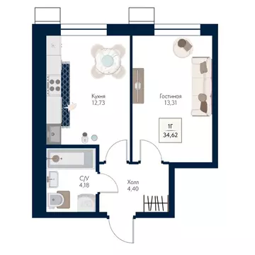 1-к кв. Московская область, Мытищи Бархат жилой комплекс (34.62 м)
