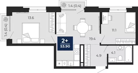 2-комнатная квартира: Тюмень, проезд Капитана Куликова, 7 (55.9 м)