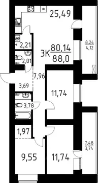 3-к кв. Томская область, Томск ул. Вершинина, 58к1 (88.0 м)