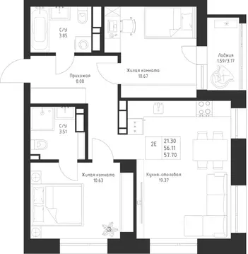 2-к кв. Татарстан, Казань Седьмое Небо жилрайон,  (57.7 м)